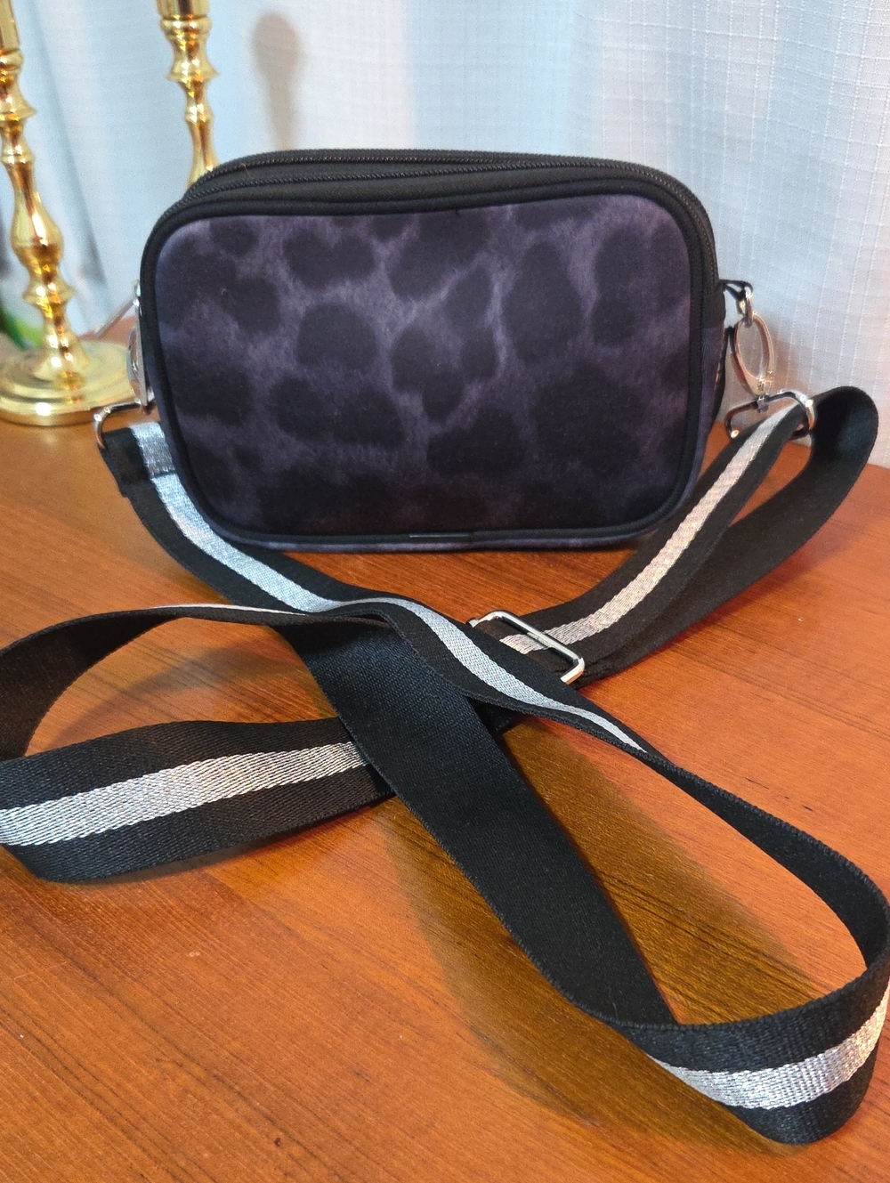 Black Leopard-Print Crossbody Bag with Adjustable Stripe Strap